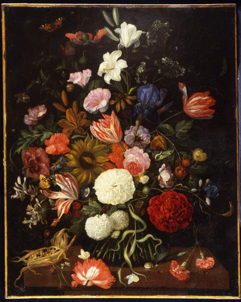 Detail of Poppies, tulips, roses, carnations, snowball, lilies, iris, a sunflower and other flowers in a glass vase with a corncob on a ledge by Jacob Rootius