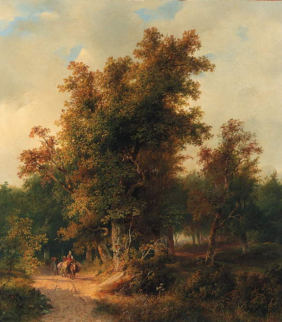 Detail of A wooded landscape with travellers on a sandy track by Cornelis Lieste