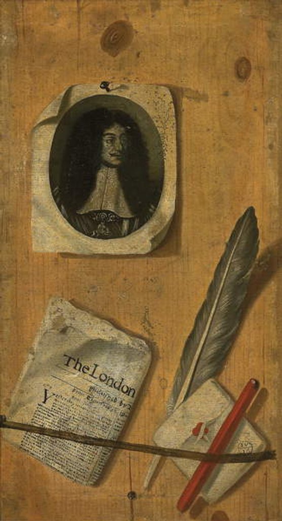 Detail of A trompe-l'oeil letter rack, with an engraving of King Charles II, a newspaper, a quill, a pen and a penknife by Edwaert Colyer or Collier