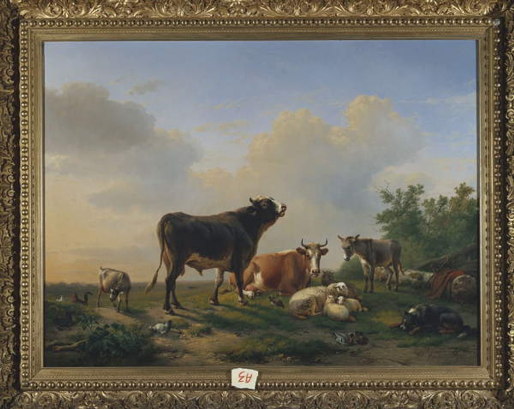 Detail of A bull, a cow, a donkey, a goat, sheep and poultry in an extensive landscape, 1849 by Eugene Joseph Verboeckhoven