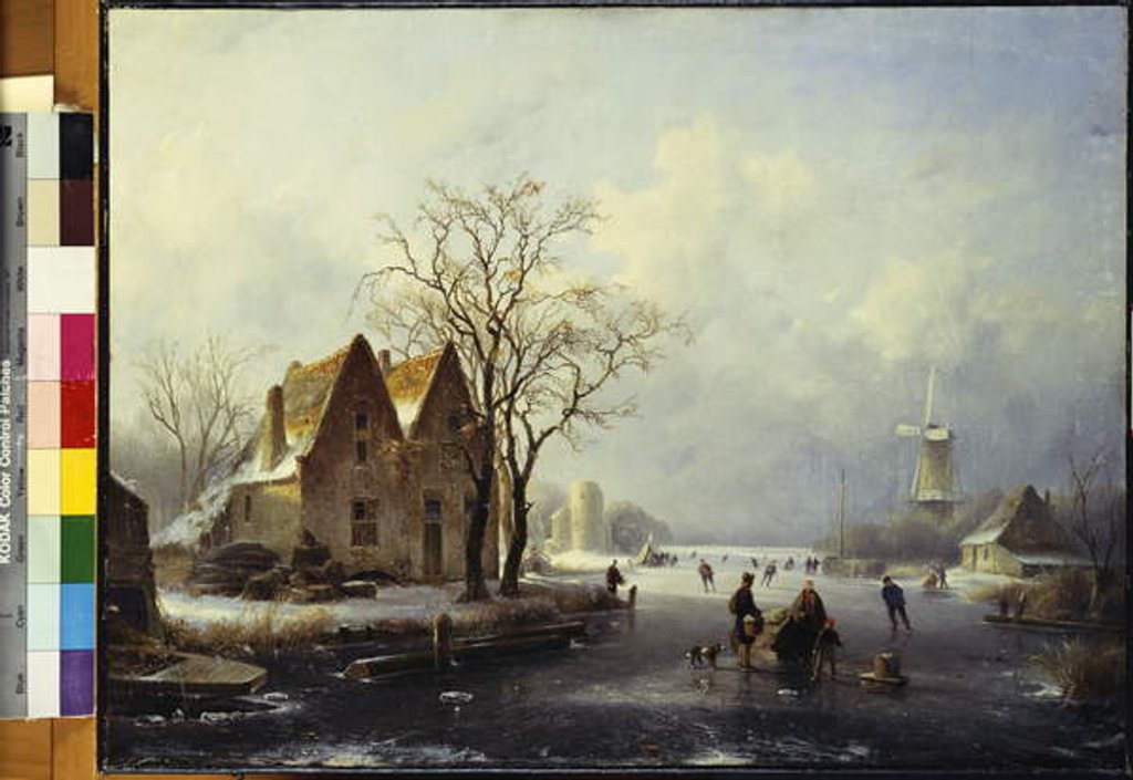 Detail of Skaters in a Frozen Winter Landscape by Andreas Schelfhout