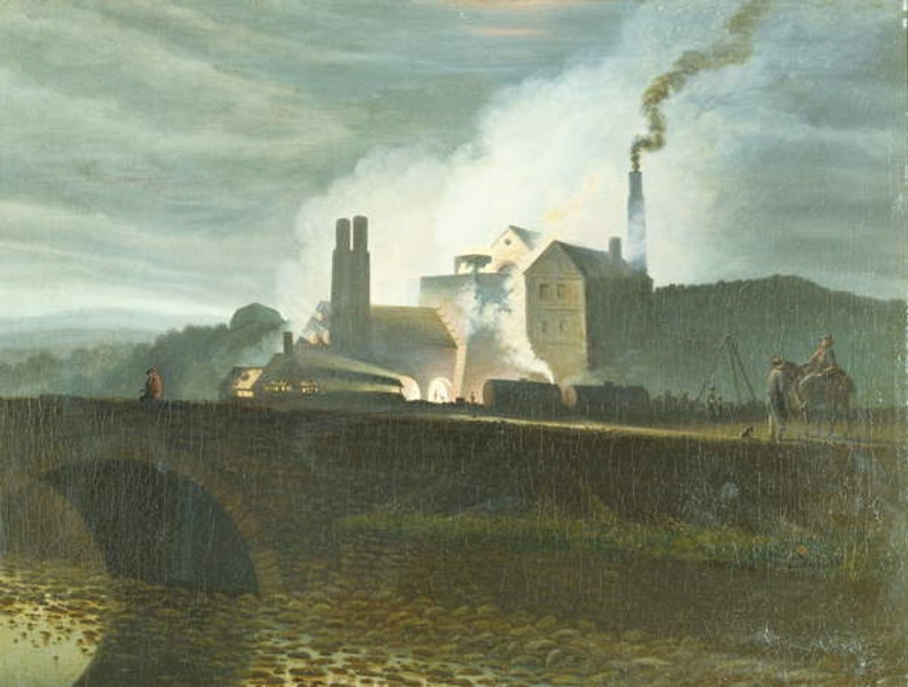 Detail of Moonlit Landscape, possibly of the Nantyglo Ironworks, Monmouthshire by Henry Penry Williams