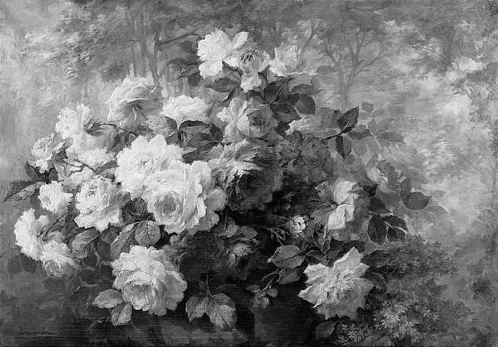 Detail of A bunch of roses in a wooded landscape by Frans Mortelmans