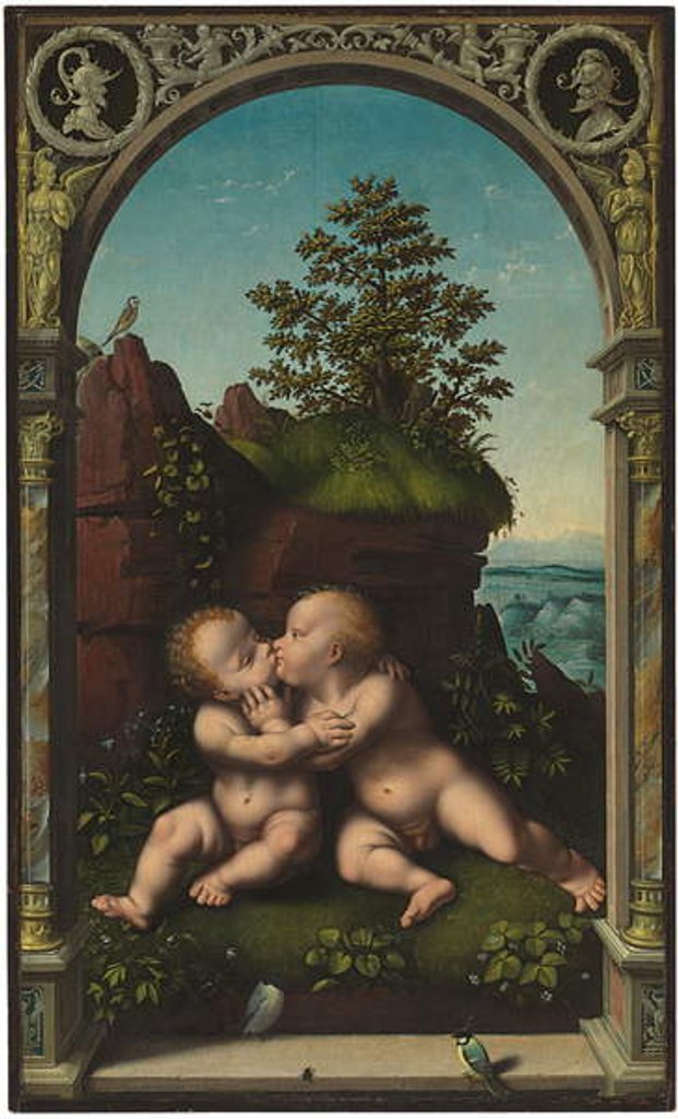 Detail of The Infant Christ and Saint John the Baptist as children embracing in a landscape, surrounded by a classical archway by Joos van Cleve