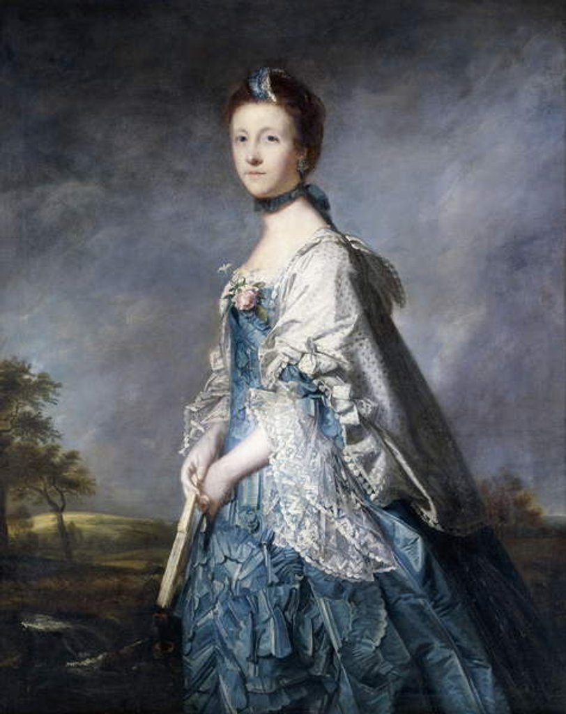 Detail of Portrait of Anne, Countess Winterton, Standing three-quarter length, Wearing a Blue Dress, and Lace-Trimmed Shawl, Holding a Fan, in a Landscape by Joshua Reynolds