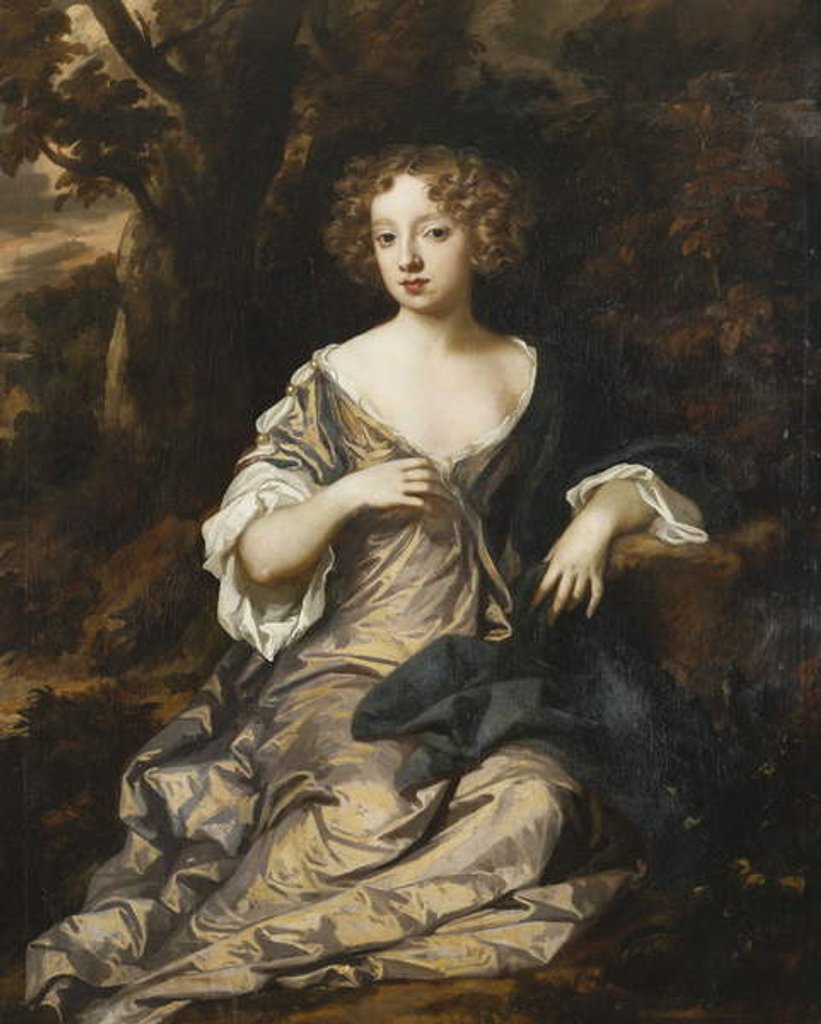 Detail of Portrait of a Lady, seated full length, in a Wooded Landscape, Wearing a Violet Silk Dress with White Sleeves and Trimmings by Peter Lely