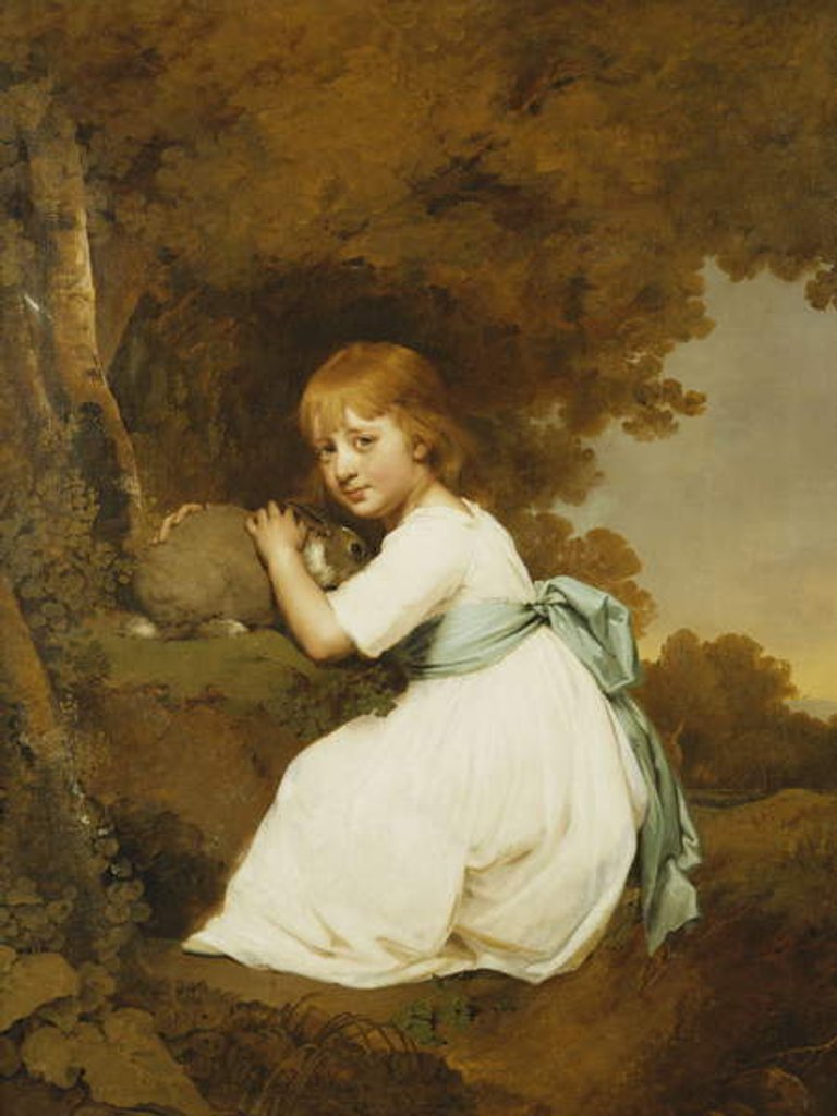 Detail of Portrait of Miss Bentley, Seated Full Length, Wearing a White Dress, Holding a Rabbit in a Landscape, c.1781 by Joseph Wright of Derby