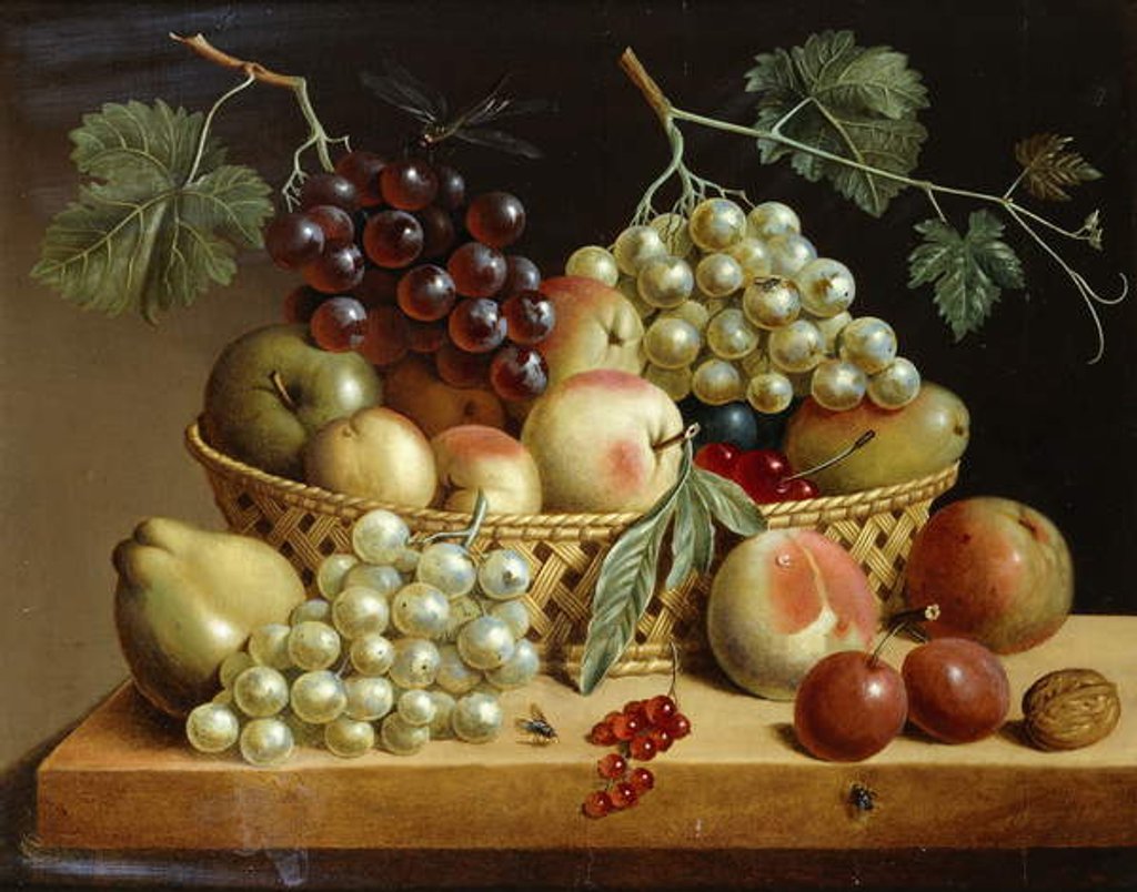 Detail of A Basket of Grapes, Apples, Peaches and other Fruit on a Ledge, 1833 by Dutch School