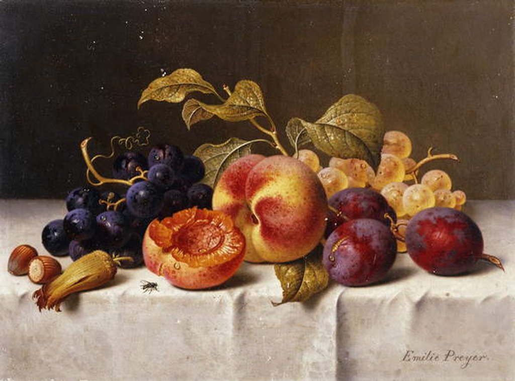 Detail of Grapes, Peaches, Plums and Nuts on a Draped Table by Emilie Preyer