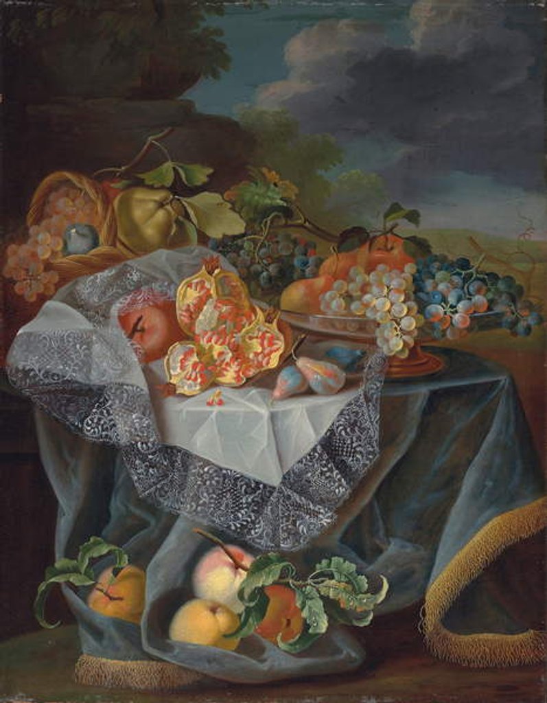 Detail of Grapes, pears, and an apple on a glass vessel, pomegranates and a woven basket with fruit on a draped table, and a park landscape beyond by Maximilian Pfeiler or Pfeiller