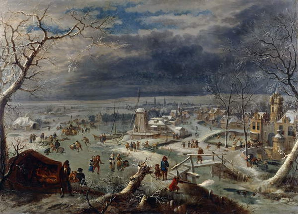 Detail of A Winter Landscape with Skaters on a Frozen Waterway by a Village, a Hunter in the Foreground, Antwerp Beyond by Jan the Elder Griffier