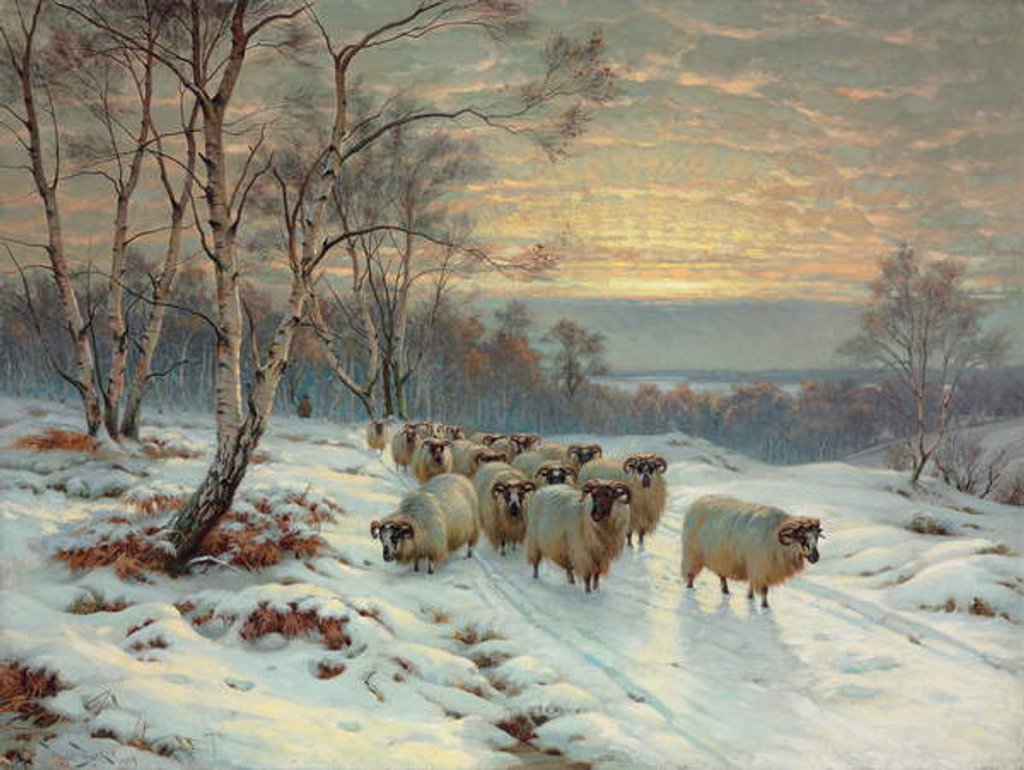 Detail of A shepherd with his flock in a winter landscape by Wright Baker