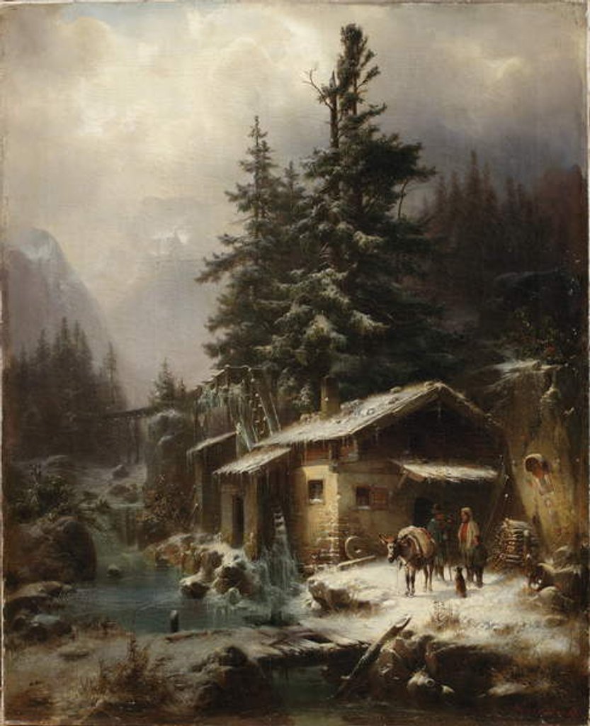 Detail of Winter landscape with figures resting near a water mill, 1866 by Heinrich Hofer