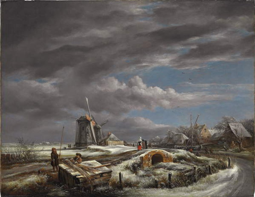 Detail of Winter landscape with figures on a path, a footbridge and windmills beyond by John Constable