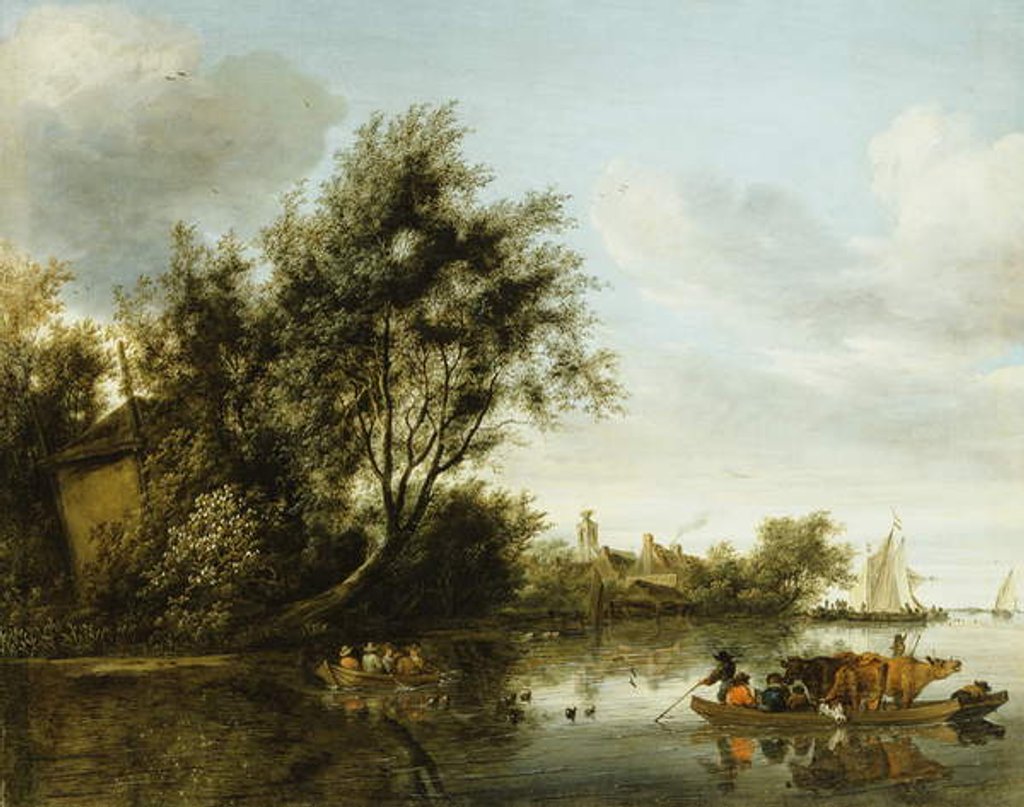 Detail of A River Landscape with a Hayloft among Trees and a Ferryboat with Passengers and Cattle by George Henry Clements