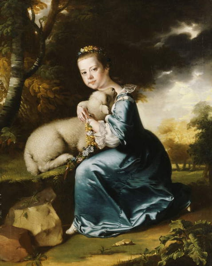 Detail of Portrait of Miss Frances Warren, kneeling full-length in a wooded park, wearing a blue dress and holding a lamb by Joseph Wright of Derby