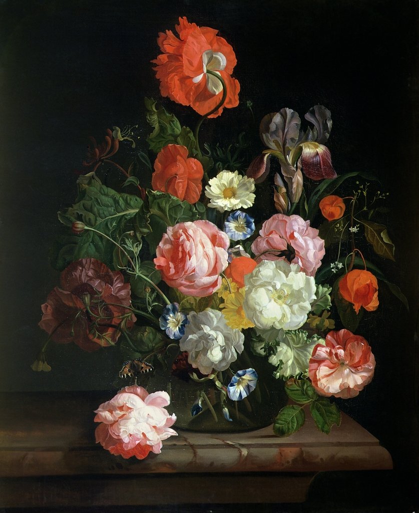 Detail of Flower in a glass vase by Rachel Ruysch