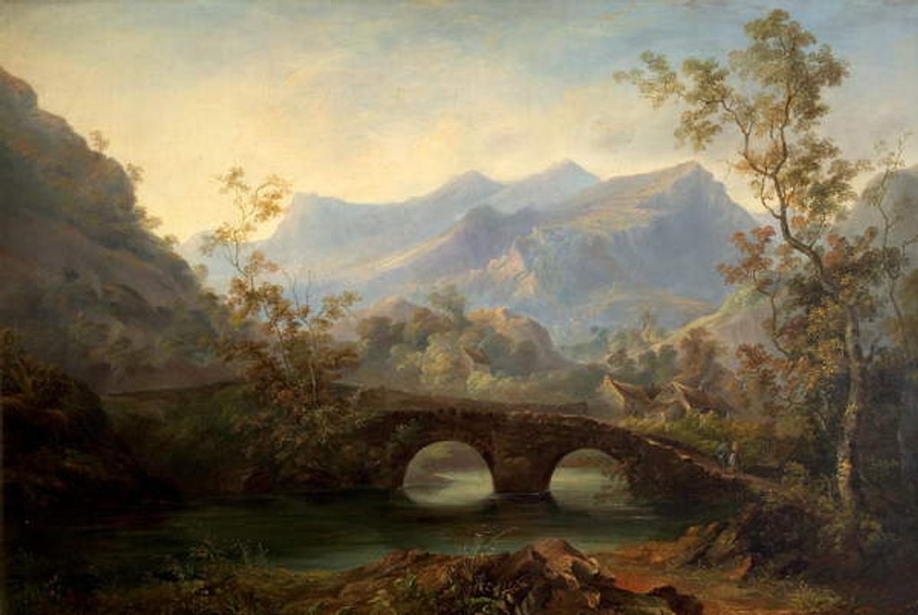 Detail of Mountainous Landscape with River, Bridge and Cottages, 19th century by Edmund John Niemann