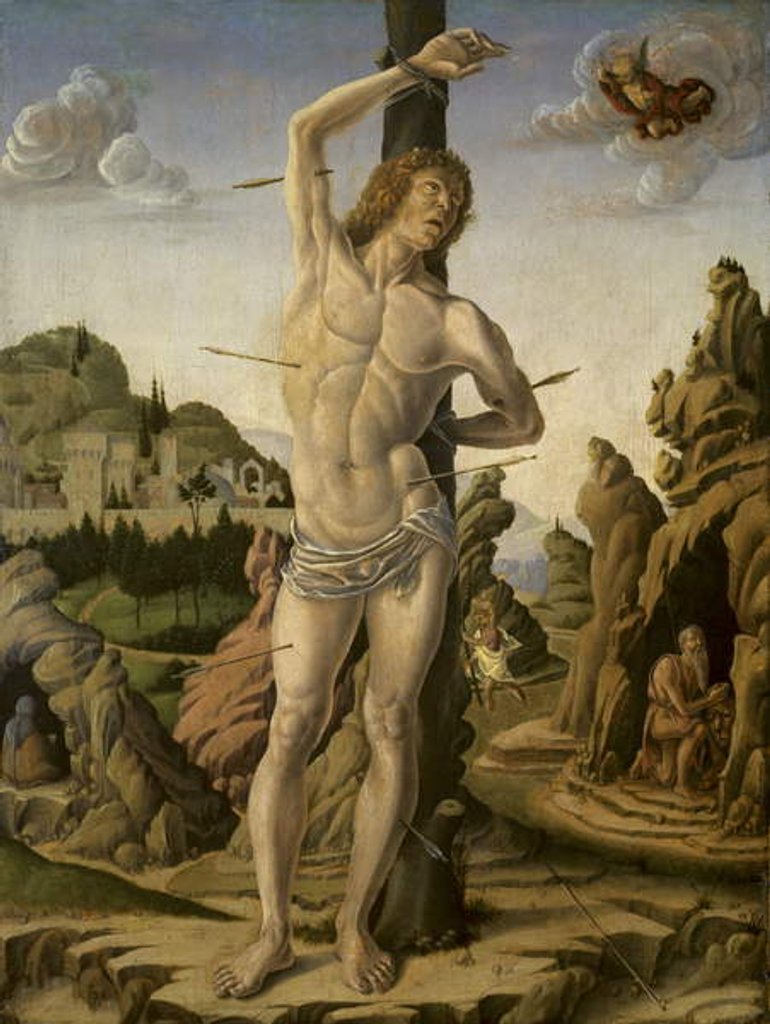 Detail of Saint Sebastian in a Rocky Landscape with Saints Jerome, Anthony Abbot and Christopher, c.1475-78 by Marco Zoppo