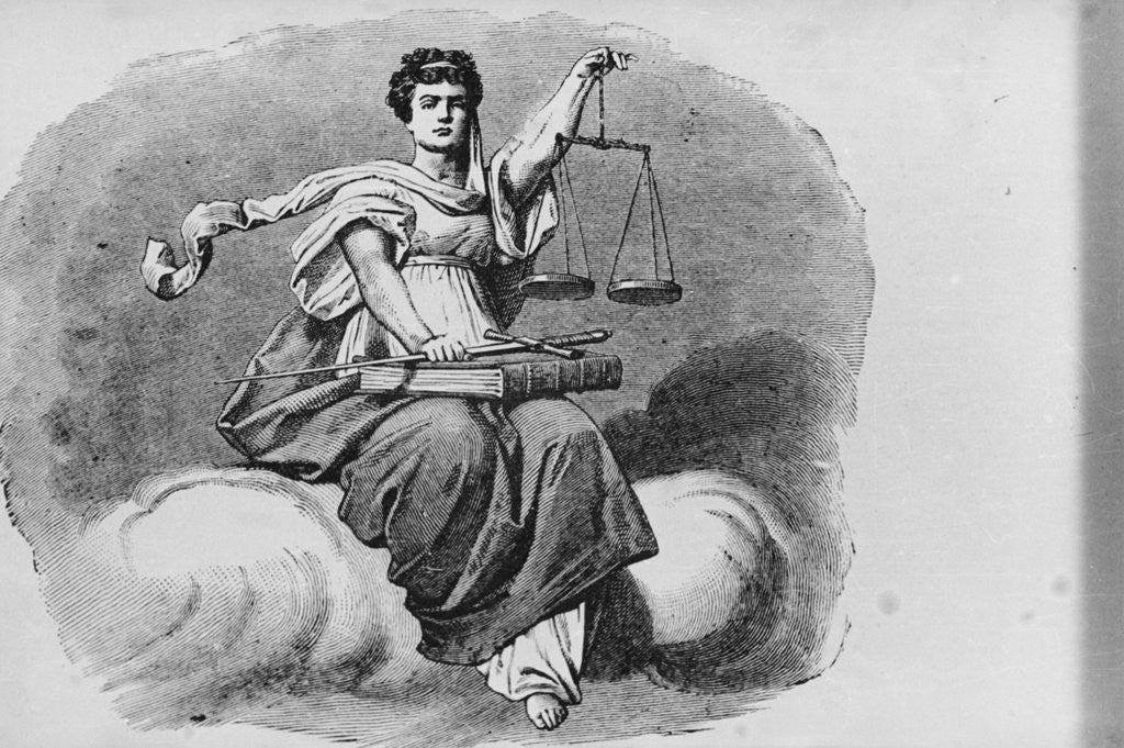 Detail of Woodcut of Justitia, the Goddess of Justice by Corbis