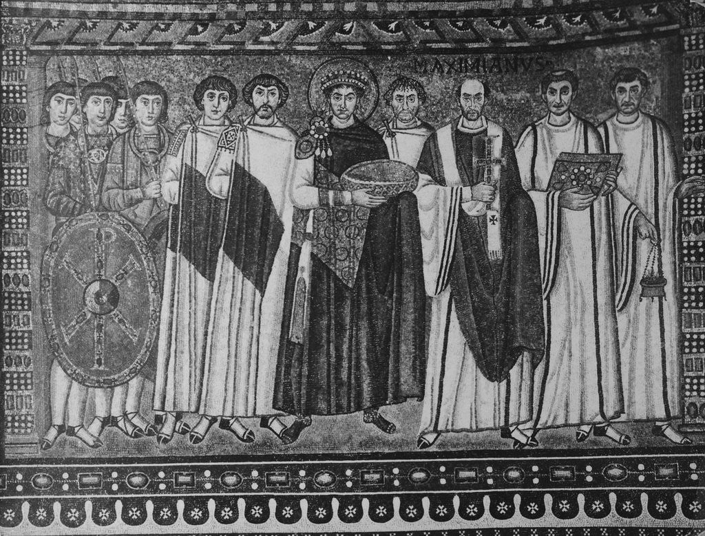 Detail of Byzantine Mosaic of Emperor Justinian and His Retinue by Corbis