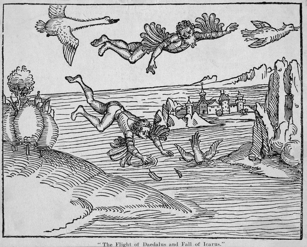 Detail of 15th-Century Woodcut of the Flight of Daedalus and the Fall of Icarus by Corbis