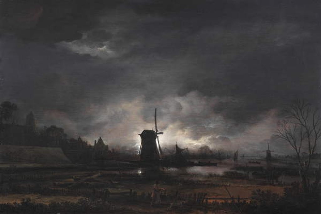 Detail of Moonlit Landscape with a Windmill, early to mid 1650s by Aert van der Neer