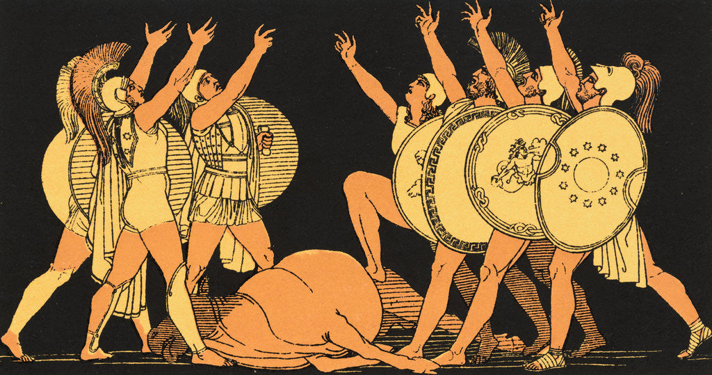 Detail of Shield Carrying Grecian Military Chiefs Gesturing on Fallen Horse by Corbis