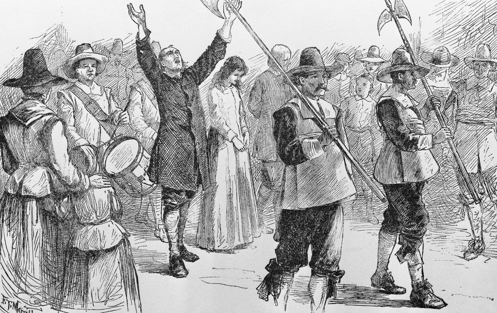 Detail of Illustration of Mary Dyer, William Robinson, and Marmaduke Stevenson Walking to Their Execution by Corbis