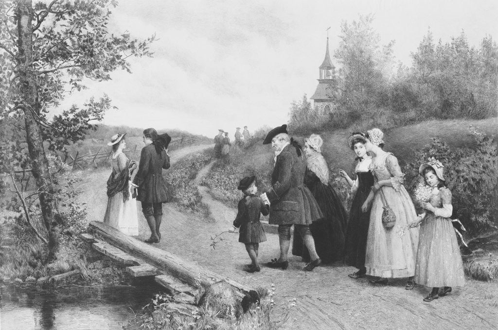 Detail of 19th-Century Print of Colonists Walking to Church by James S. King