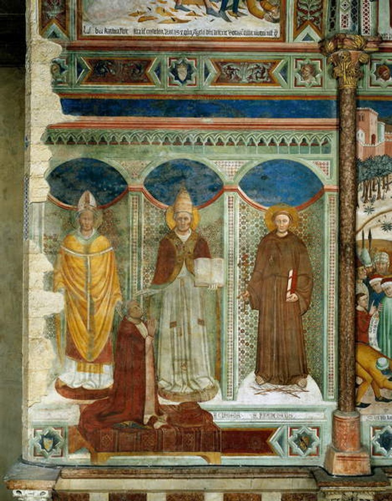 Detail of St Sabinus, Cardinal egidio Albornoz kneeling, St Clement and St Francis, scenes from the life of St Catherine of Alexandria, c. 1368 by Andrea de Bartoli