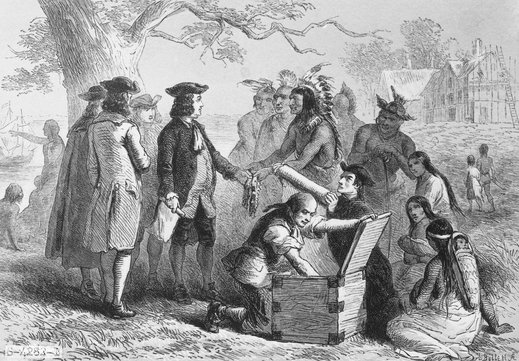 Detail of Illustration of William Penn and Native Americans Making Treaty by Corbis