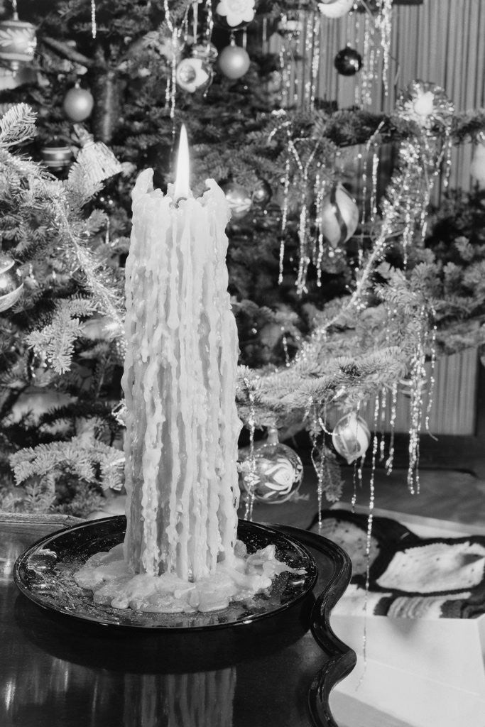 Detail of Lighted Candle and Christmas Tree by Corbis