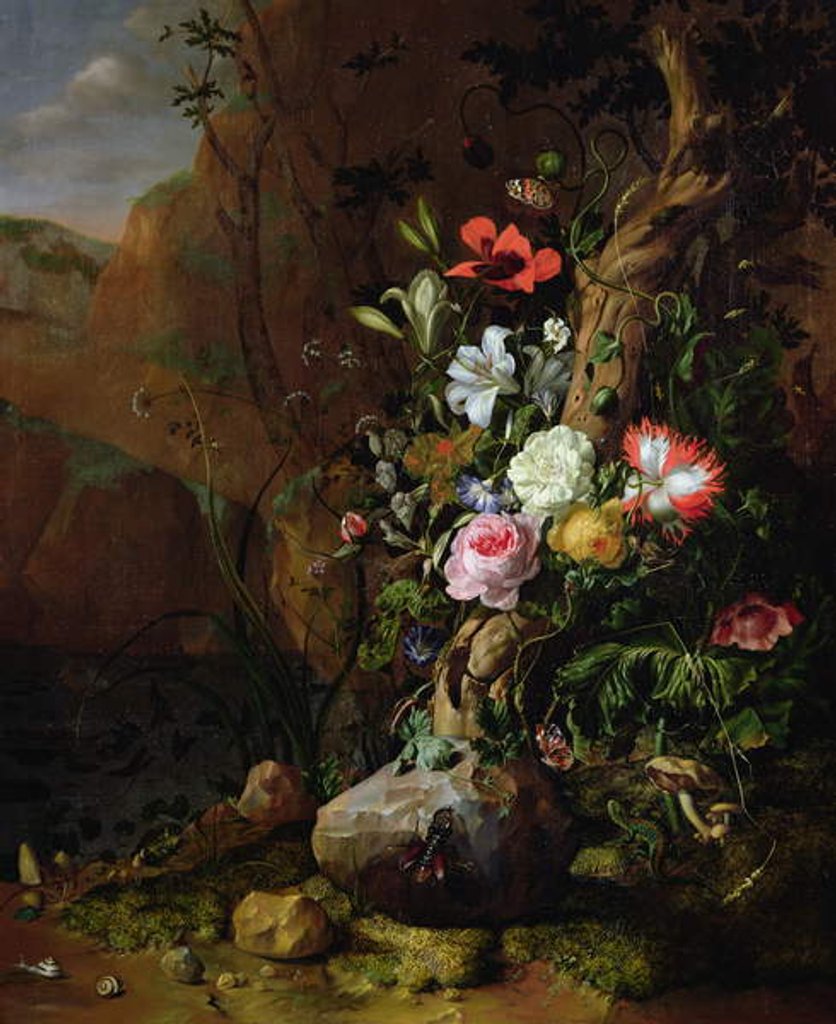 Detail of Tree trunk surrounded by flowers, butterflies and animals, 1685 by Rachel Ruysch