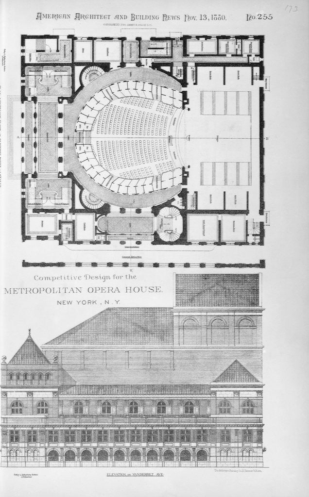 Detail of Competitive Design for the Metropolitan Opera House, New York, N.Y. Composite of 3 architectural drawings in American Architect and Building and Building News by Corbis