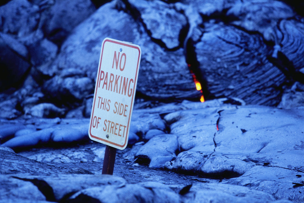 Detail of Lava from Kilauea Burying Sign by Corbis