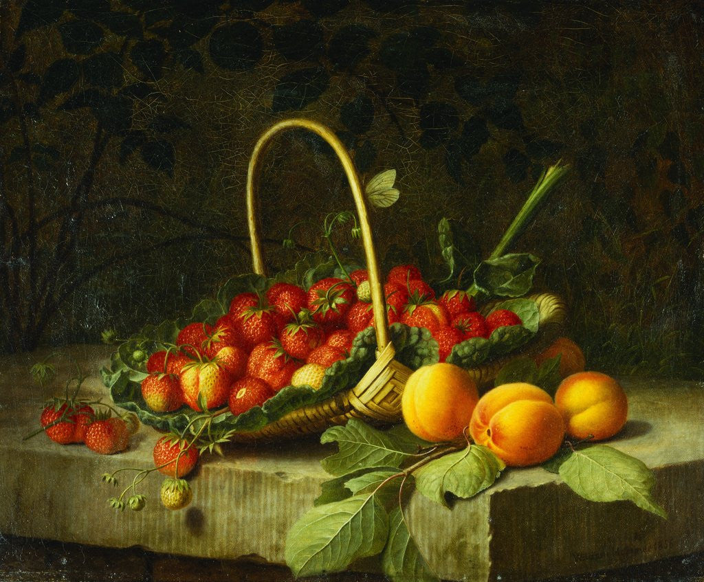 Detail of A Basket of Strawberries with Peaches on a Stone Ledge by William Hammer