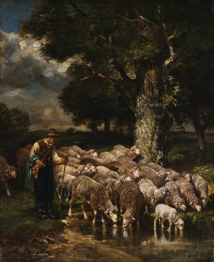 Detail of A Shepherd Tending His Flock by Charles Emile Jacque