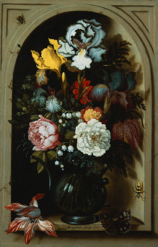 Detail of Irises, Roses, and Lilies of the Valley and other Flowers in a Glass Vase in a Niche Balthasar van der Ast by Corbis