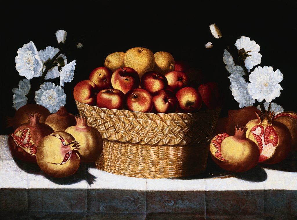 Detail of Apples In a Wicker Basket, Pommegrannates and Hollyhocks on a Draped Ledge by Blas de Ledesma