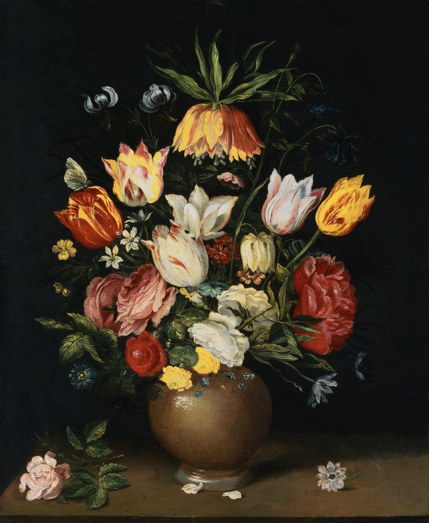 Detail of A Crown Imperial Lily, Roses, Tulips, a Peony, Fritillaries, a Cornflower, Forget-Me-Nots and Other Flowers in an Earthenware Vase on a Ledge by Andries Daniels