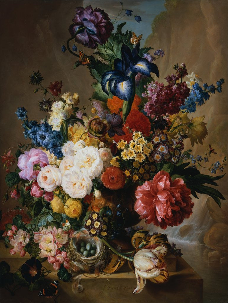 Detail of Poppies, Peonies and Other Assorted Flowers in a Terracotta Vase on a Stone Plinth with a Bird's Nest and a Butterfly by Jan van Os