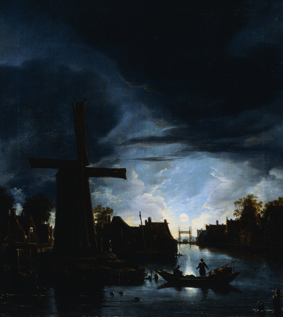 Detail of A Moonlit River Landscape with Fishermen by a Windmill by Anthonie van Borssom