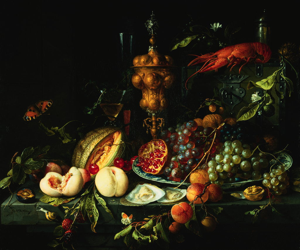 Detail of Plums, Peaches, a Cut Melon, Mulberries, Cherries, an Open Walnut, Two Oysters and Some Oyster Shells on a Stone Table by Jan Davidsz de Heem