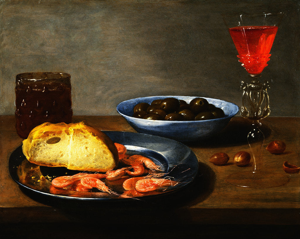 Detail of A Plate with Prawns and a Roll, a Bowl with Olives, a Facon de Venise Glass and Another Glass on a Table by Jacob van Es