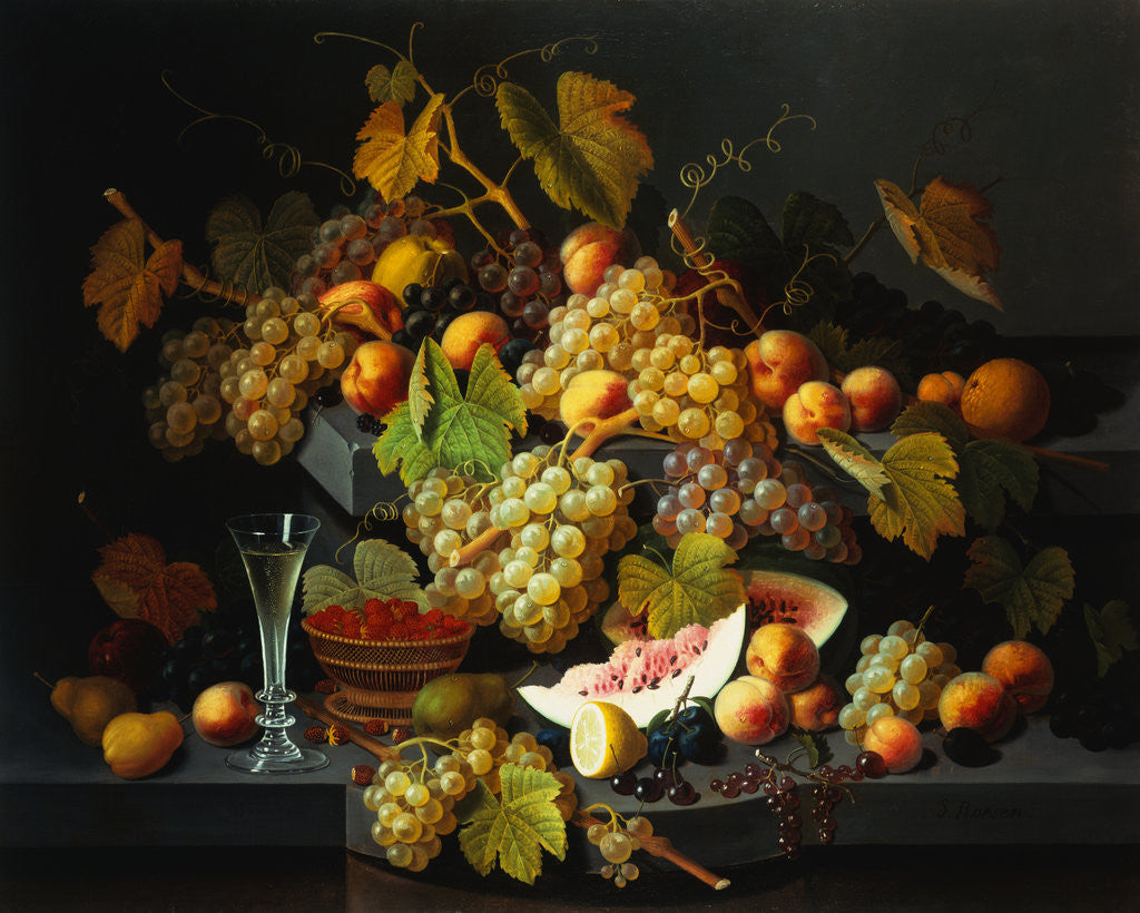 Detail of Still Life with Fruit and a Glass of Champagne by Severin Roesen