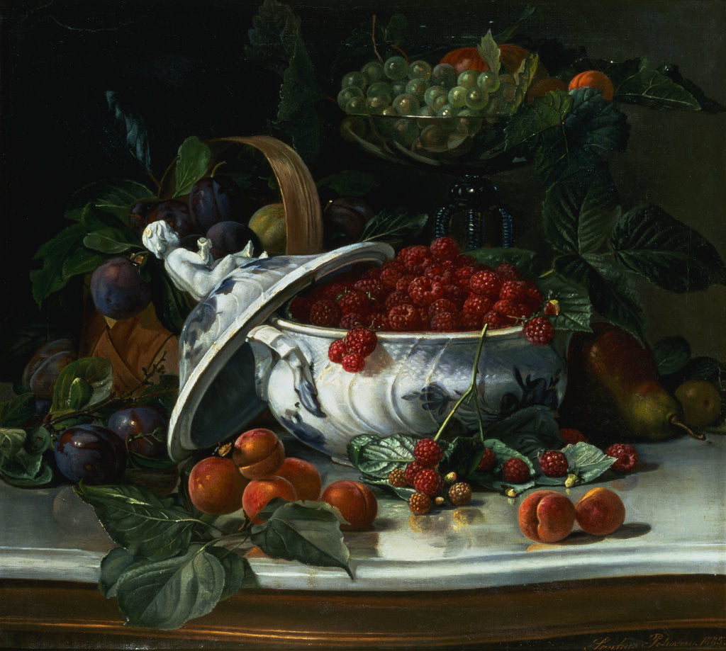 Detail of Plums, Grapes and Raspberries in a Porcelain Tureen by Sophus Pedersen