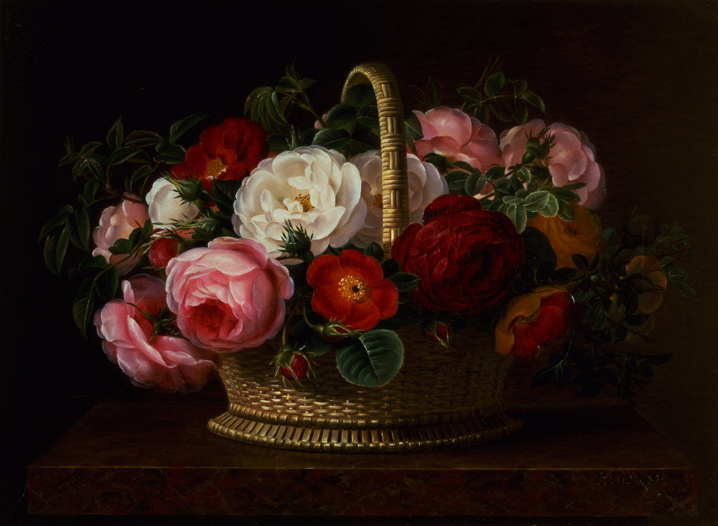 Detail of Painting of Roses in a Basket on a Ledge by Johan Laurentz Jensen