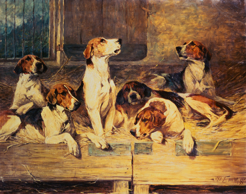 Detail of Painting of Foxhounds in a Kennel by John Emms