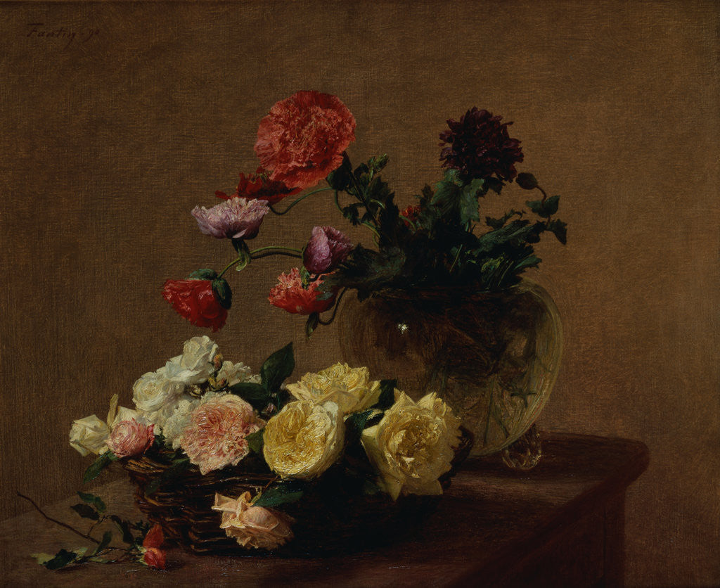 Detail of Poppies in a Crystal Vase and Roses in a Basket by Henri Fantin-Latour